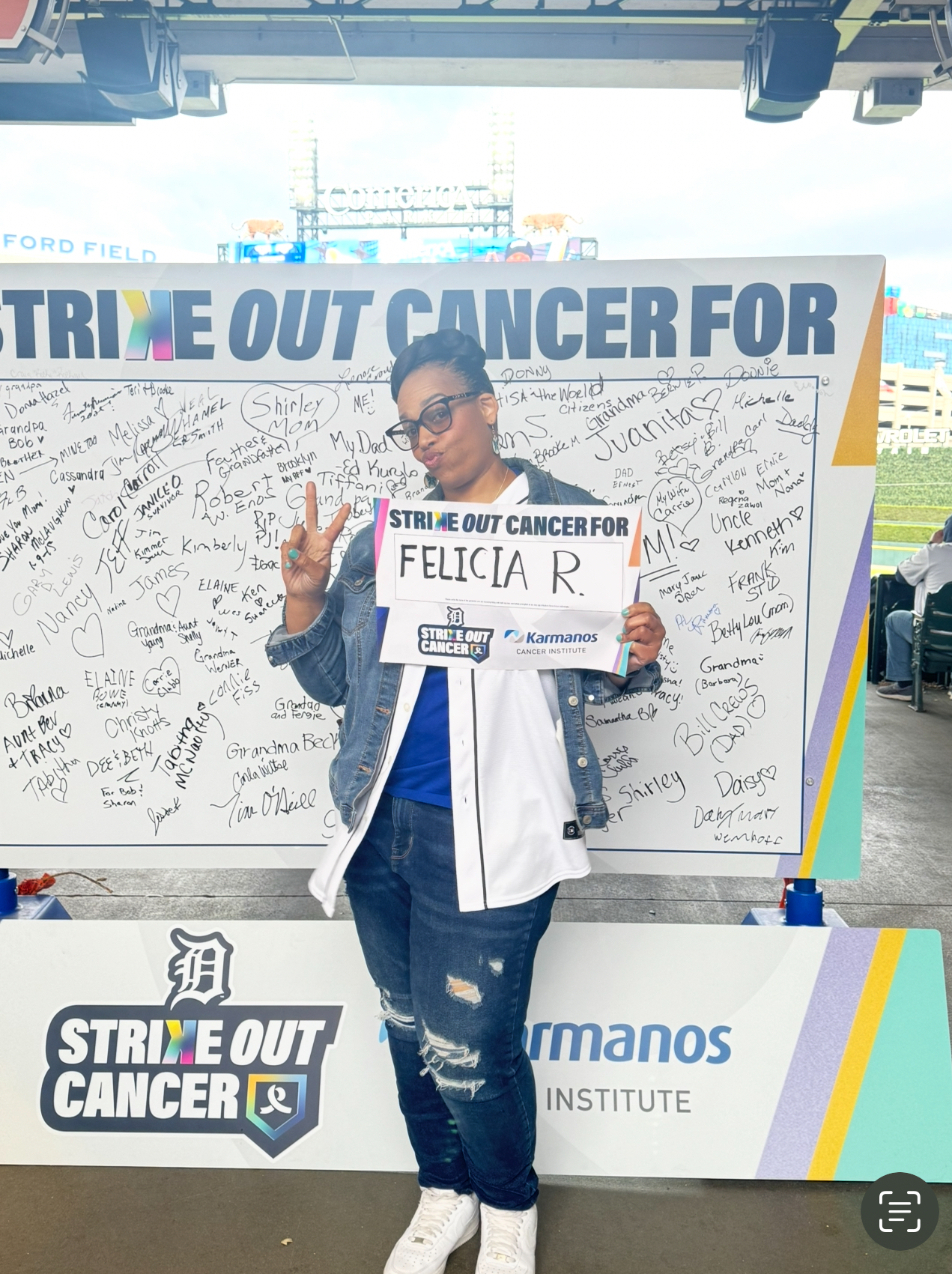 Felicia honored at the Strike Out Cancer game at Comerica Park
